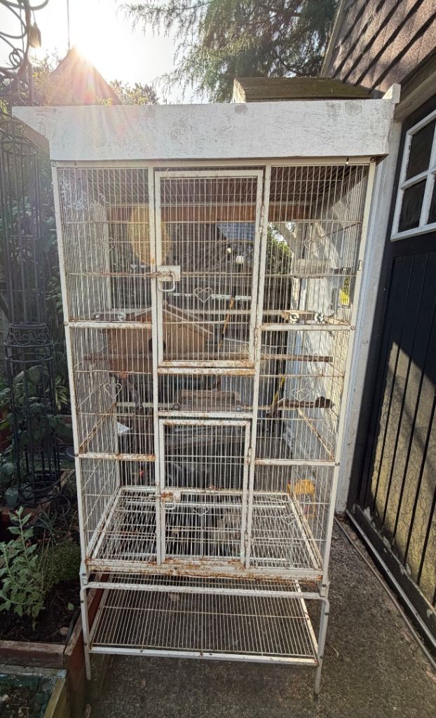 Large White Metal Bird Cage Aviary with Stand, Seed Guard, Perches, Doors