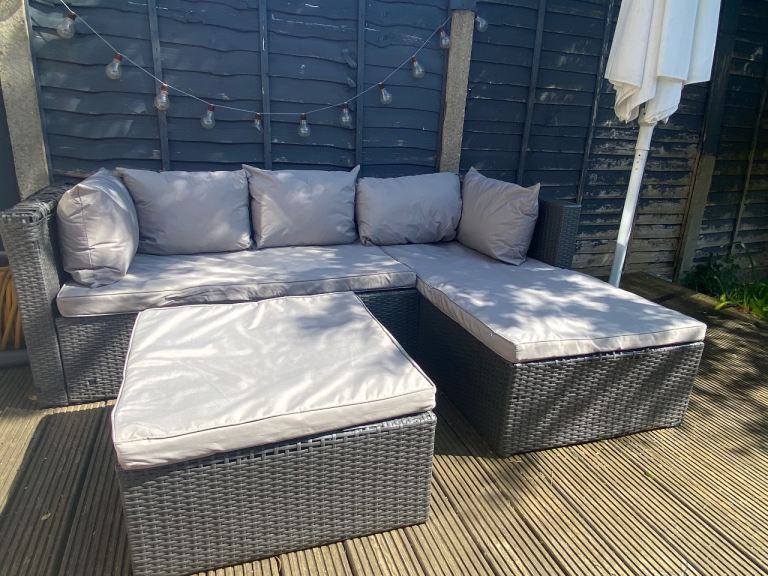 Aldi L-Shape Rattan Sofa & Footstool Set - Fair Condition