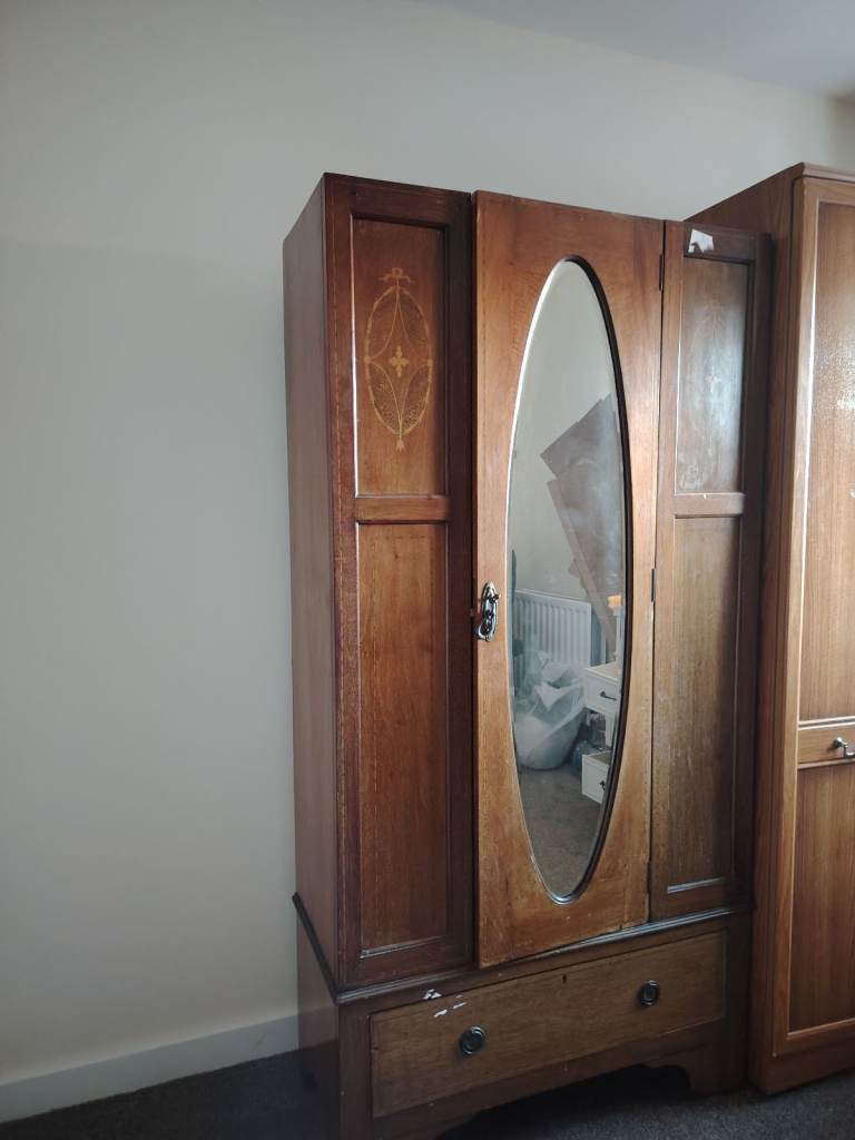 Vintage Wooden Wardrobe with Oval Mirror – Brown, Fair Condition