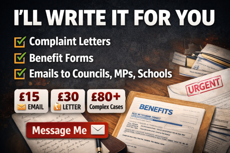 Struggling with paperwork, emails or complaints? I’ll write it for you and get results.