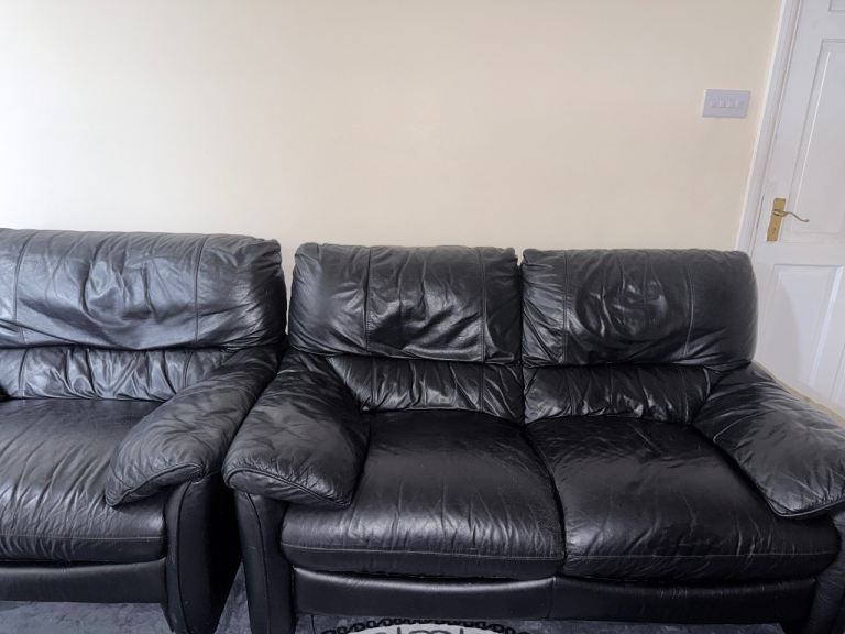 Black Leather Sofas - Two and Three Seater Set, Good Condition