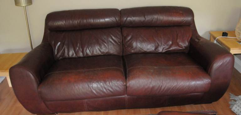 Brown Leather Sofa and Armchair Set – Fair Condition