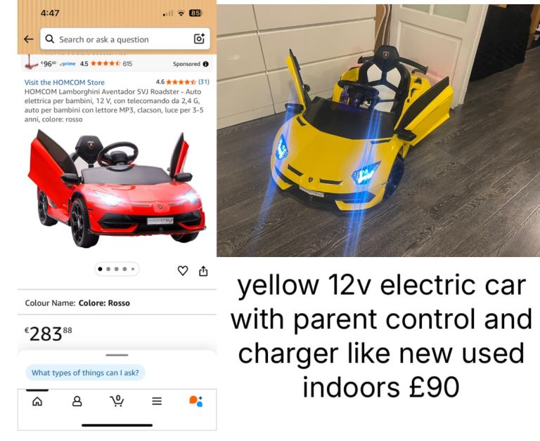 yellow 12v electric car with parent control and charger like new used indoors £90