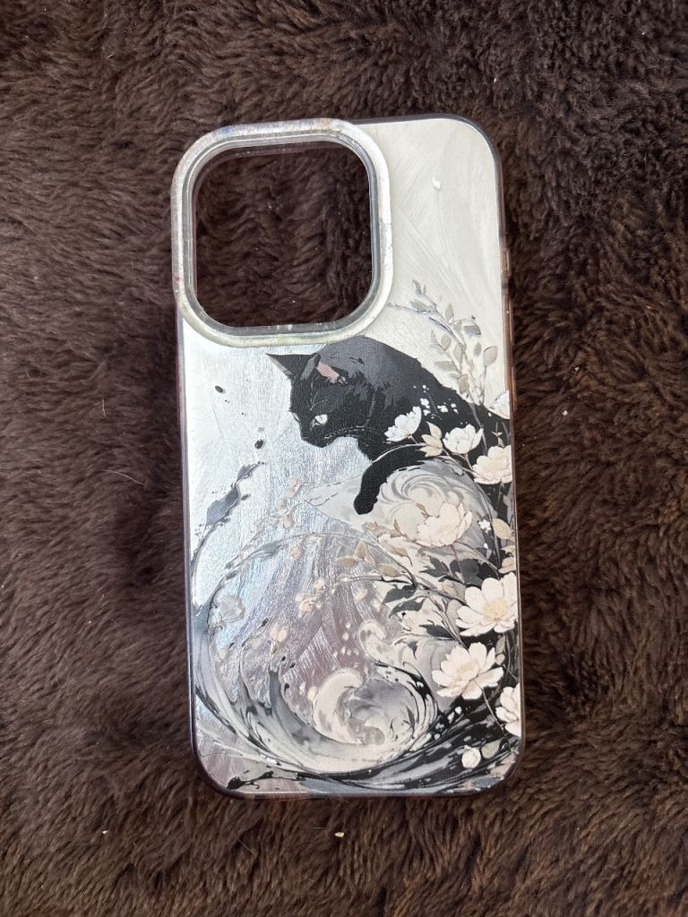 iPhone Case with Black Cat & Flowers Design