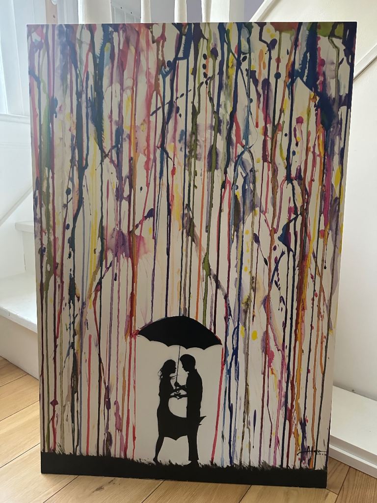Large Abstract Drip Painting, decor, Couple with Umbrella