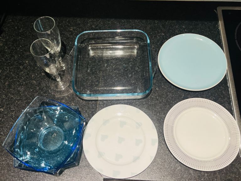 Mixed Kitchenware Bundle - Plates, Glasses, and Baking Dish