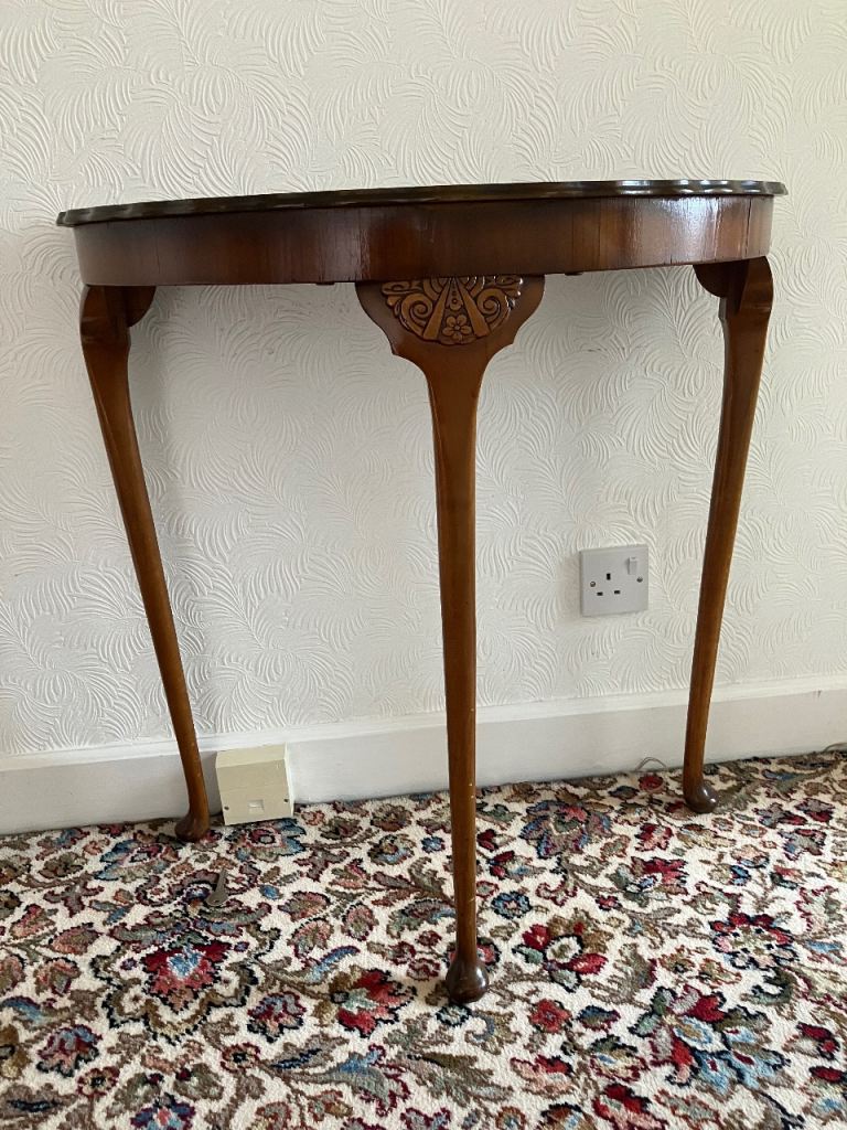 Vintage Queen Anne Revival Demi-Lune Console Table (Dated 1952)