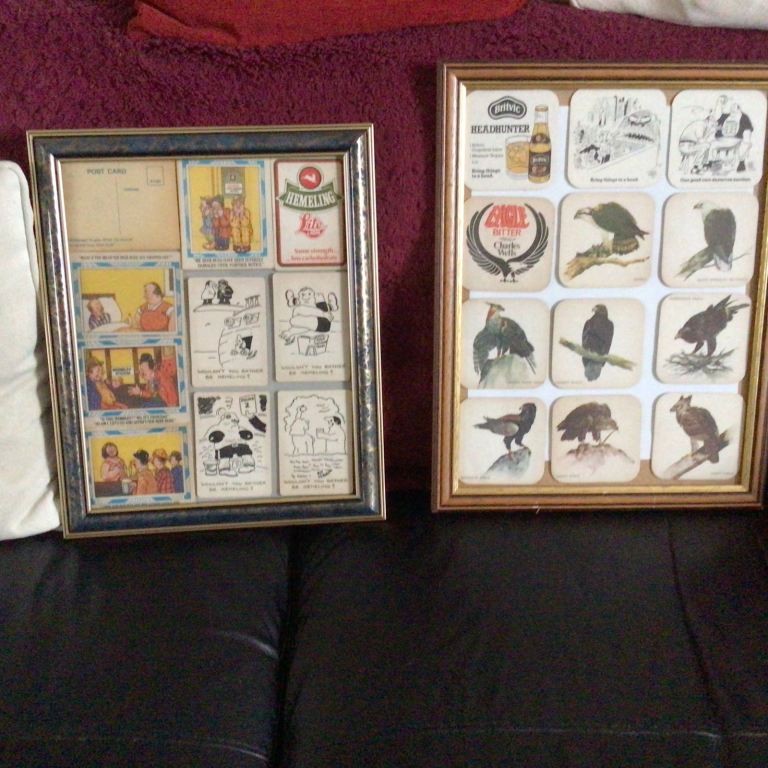 Asst vintage beer mats birds + comic mats £15 each  framed 