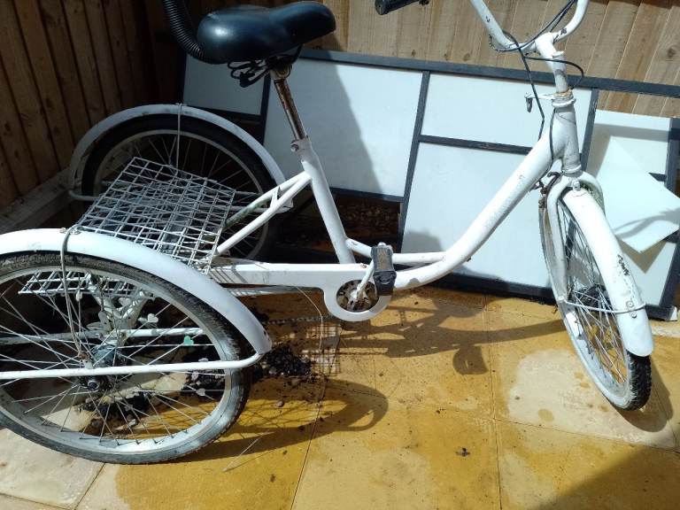 White Tricycle with Basket – Fair Condition