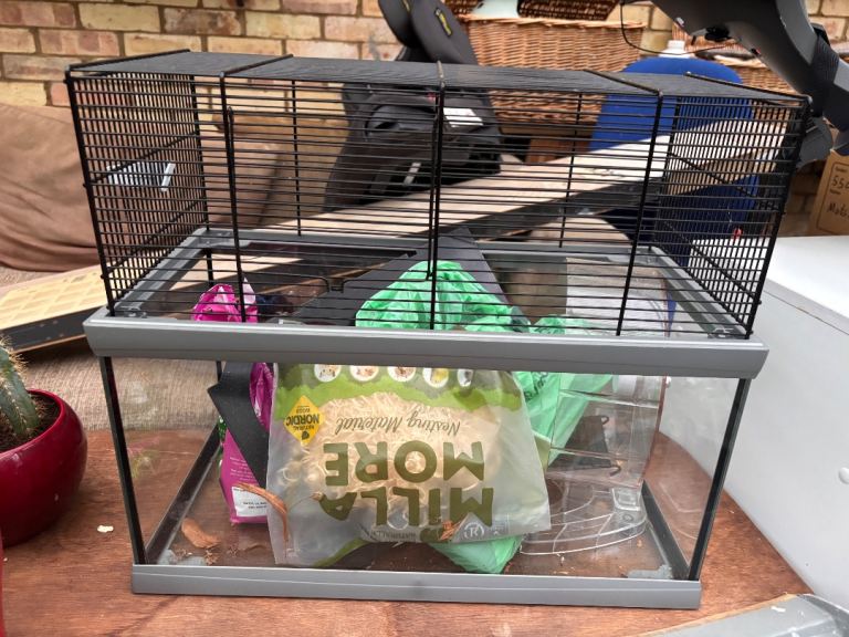 Glass and metal hamster cage.