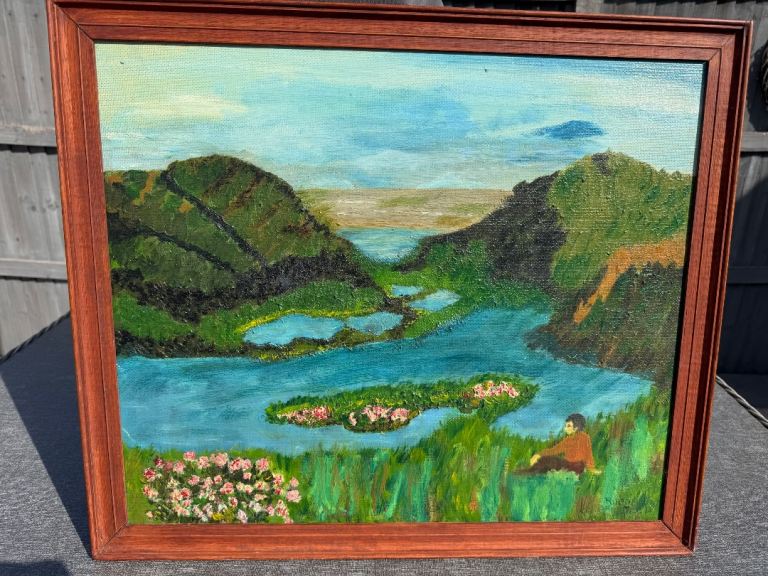 Vintage Mid-Century Landscape Oil Painting Signed Ruby Finefield Framed Lakeview