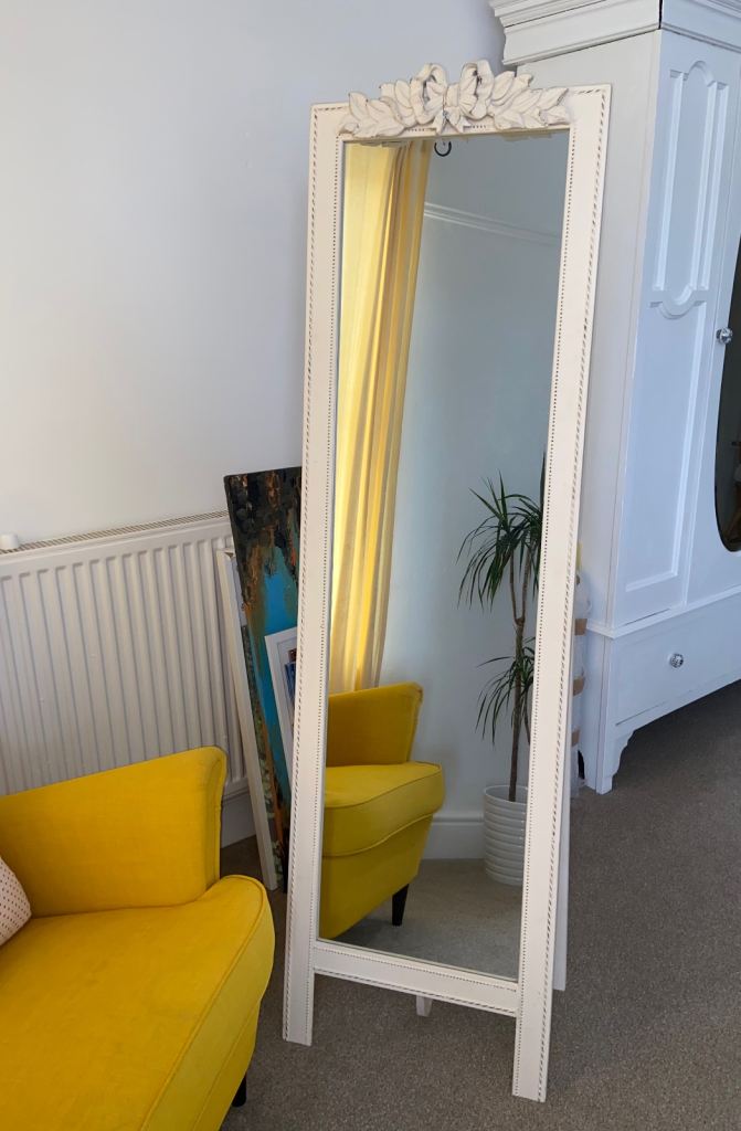 Free standing mirror French shabby chic bow detail ivory ceramic & wood full length