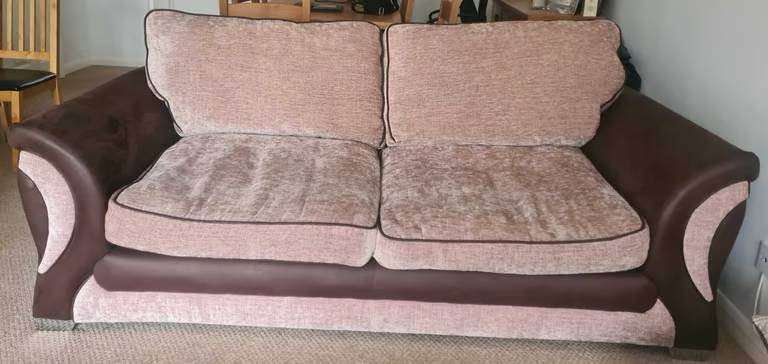 3-Seater Sofa – Brown Leather & Light Brown Velvet - £100 or your nearest offer