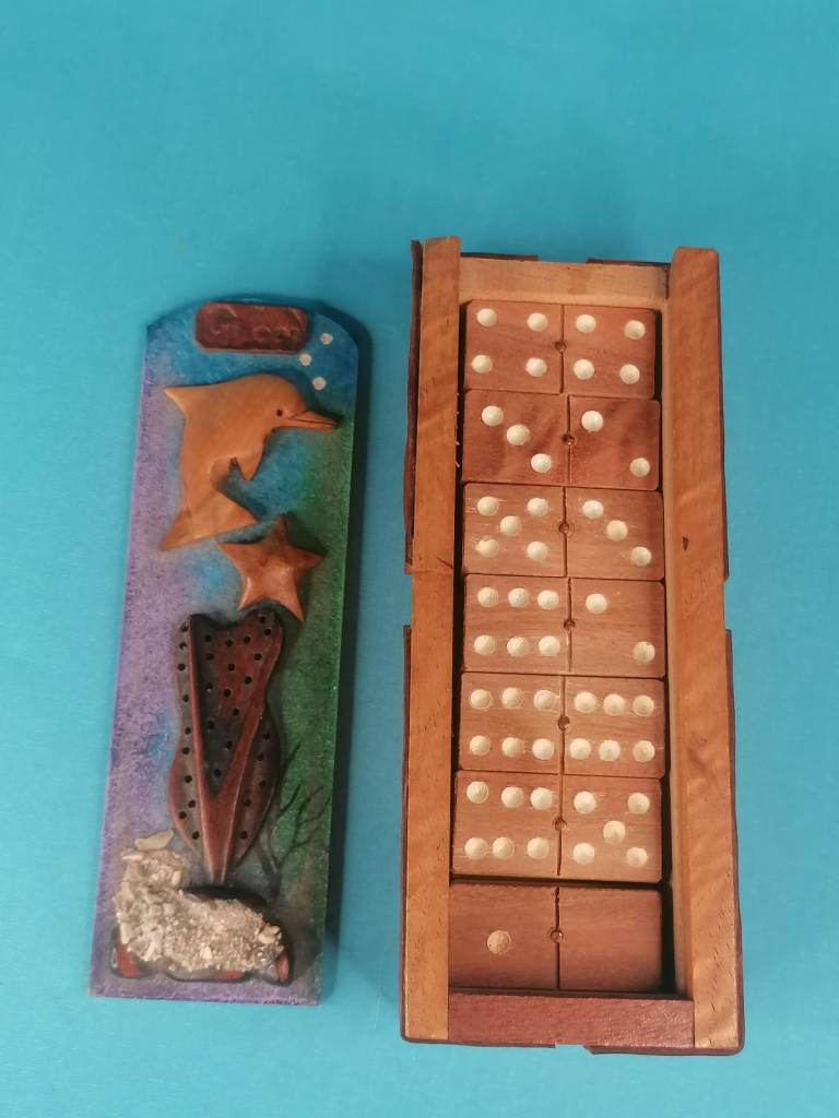 Vintage Handmade Wood Dominoes With Sliding Top Box, (sea Ornaments and leather around sides)