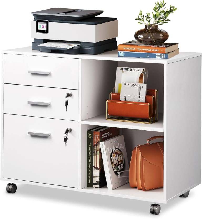 DEVAISE Rolling Container with 3 Drawers and Open Shelves, Mobile Filing Cabinet with Wheels