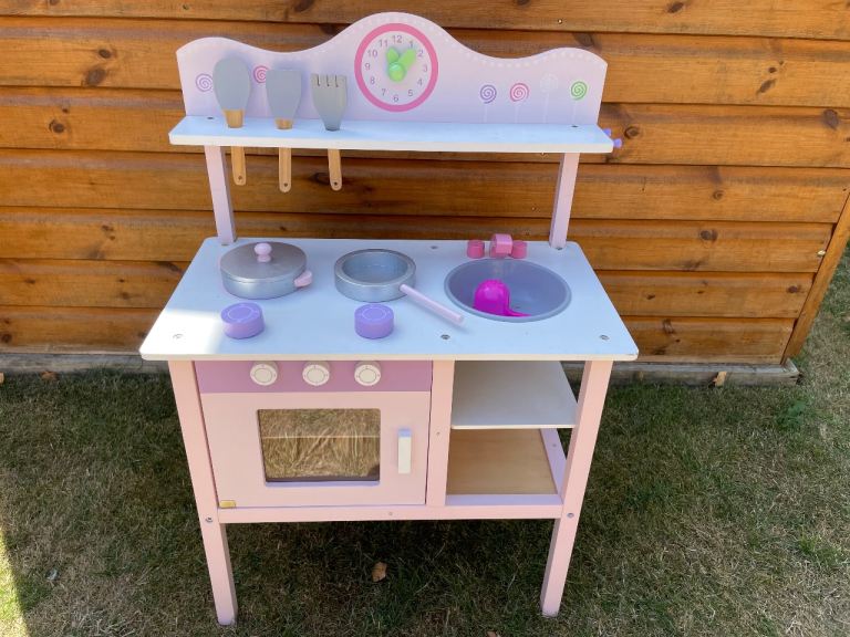 Kids Wooden Play Kitchen - Pink and White