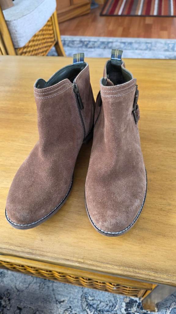 Brown Suede Ankle Boots by Barbour, with Buckle Detail – Good Condition = Size 6