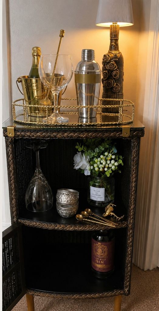Boho Luxe Black Rattan Drinks Cabinet | Hand Painted Cocktail Bar Cabinet | Vintage Lloyd loom