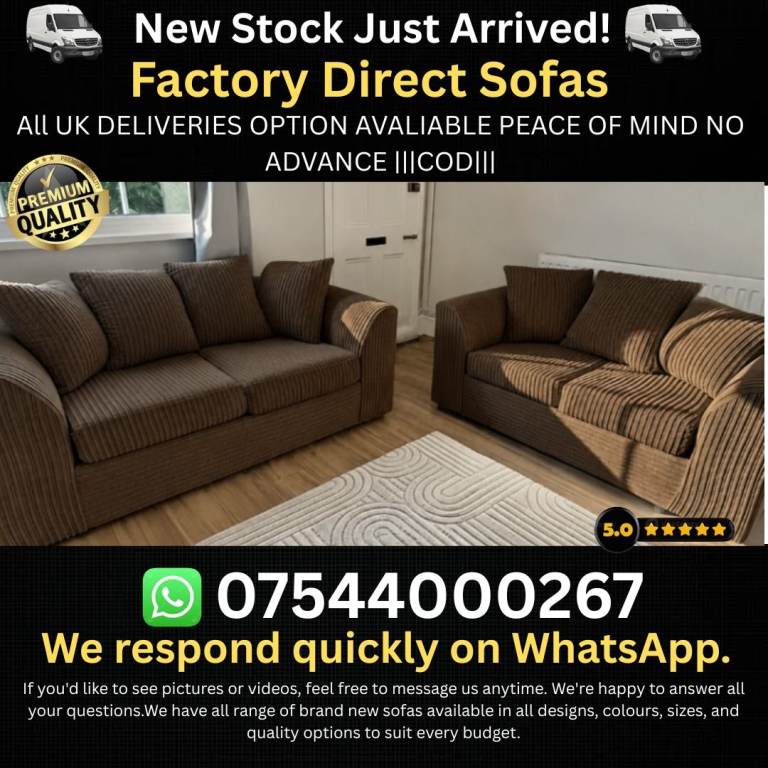 New Stock Corduroy Fabric Sofas – Various Styles and Colours