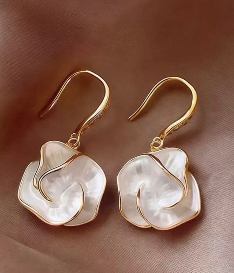 Elegant Camellia Flower Earrings – Gold & White Pearl Effect – S999 Silver Hooks