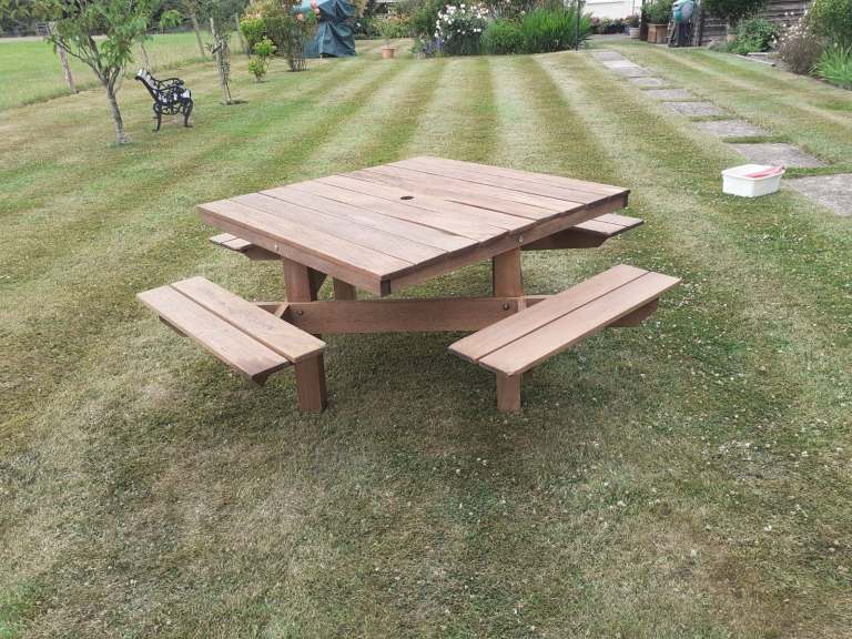 Wooden garden table with benches - seats 8 - locally made