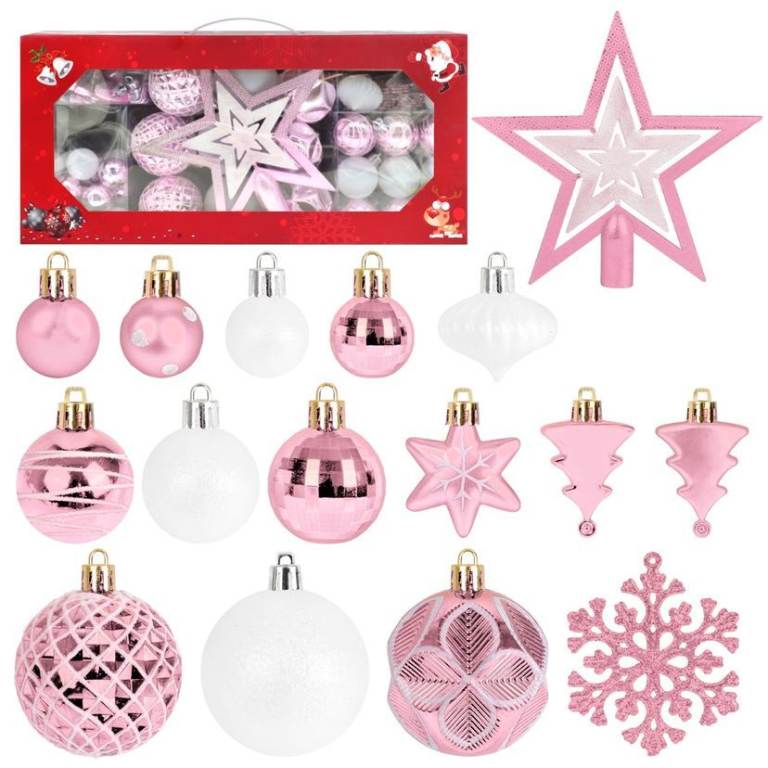 105 Pcs Baubles, Pink Balls Decoration Shatterproof Tree Baubles Treetop Star Hanging Snowflakes 