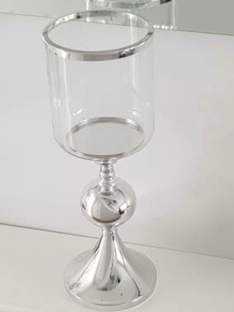 9 x Wedding Centrepieces- Clear Glass & Rustic Antique Style Chrome Hurricane Candle Holders