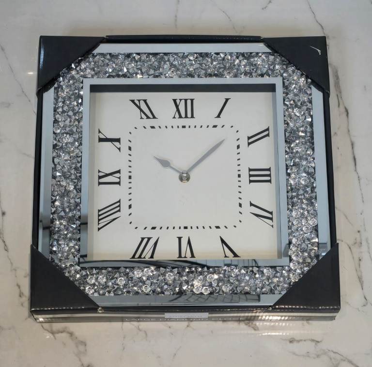 KARINA BAILEY Inspired 35cm Square Crushed Jewel Wall Silver Mirrored Diamante Clock