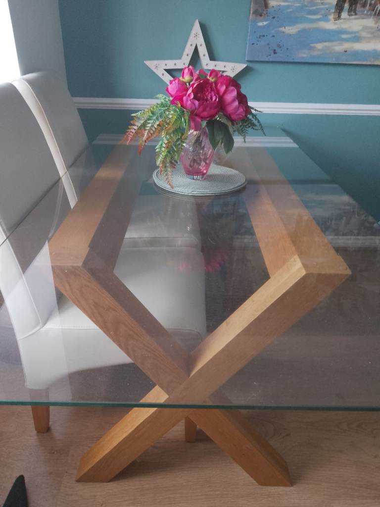 LARGE OAK & GLASS DINING TABLE + 6 CHAIRS