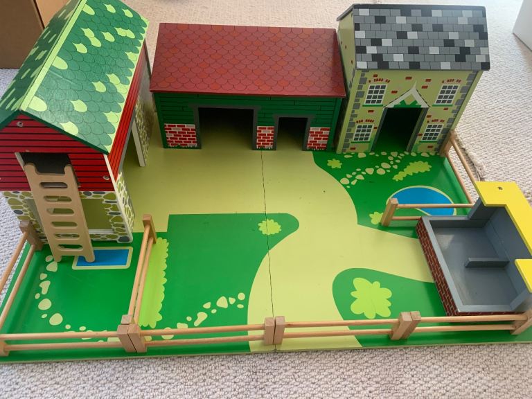 Wooden Farm Playset with Buildings and Figures – Good Condition