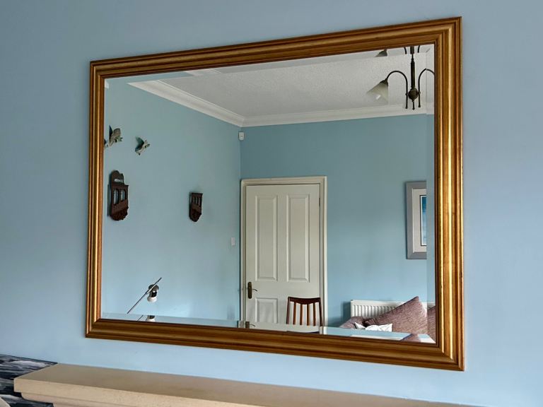 Gilt Effect Bevelled Mirror  H34in/86cm W44in/112cm Good condition  D324