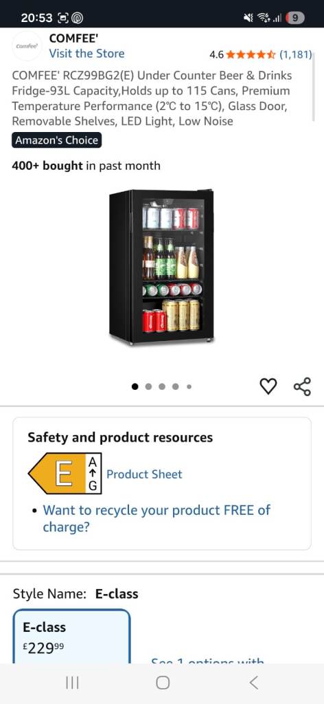 COMFEE' RCZ99BG2(E) Under Counter Beer & Drinks Fridge-93L