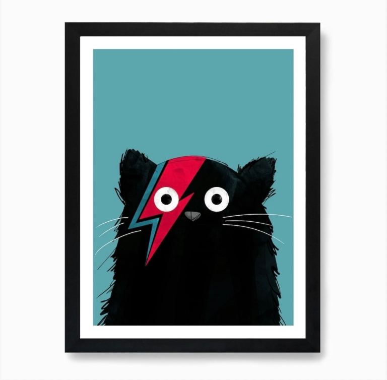 Elton, Bowie, Freddie cat print and frame set of 3
