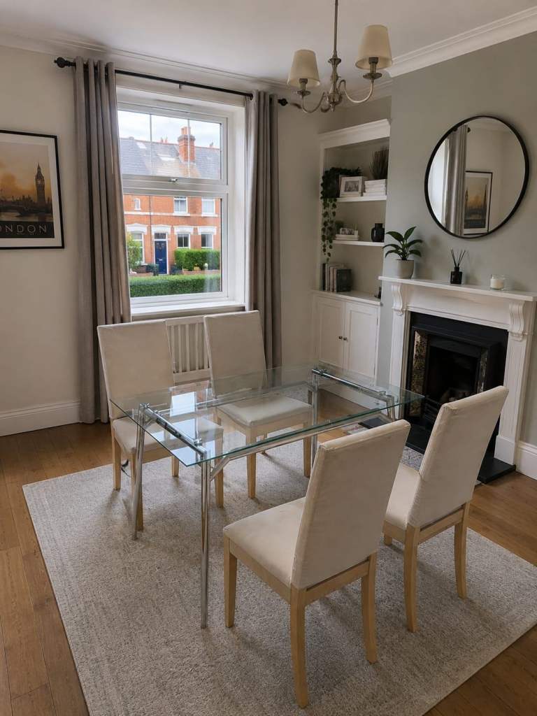 Modern Glass Top Dining Table with Chrome Legs & 4 Cream Fabric Dining Chairs