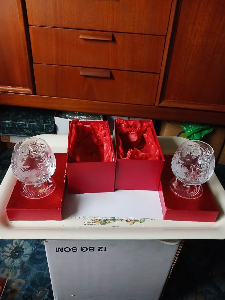 Pair of Crystal Brandy Glasses in Red Gift Boxes – As Good As New