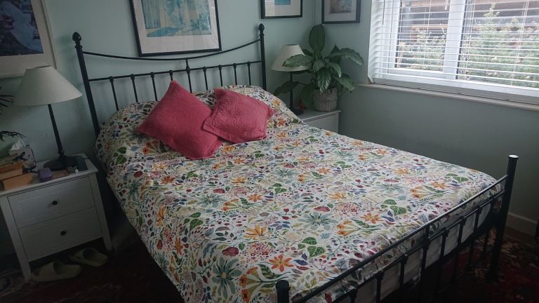 Feather and Black Metal Bed Frame