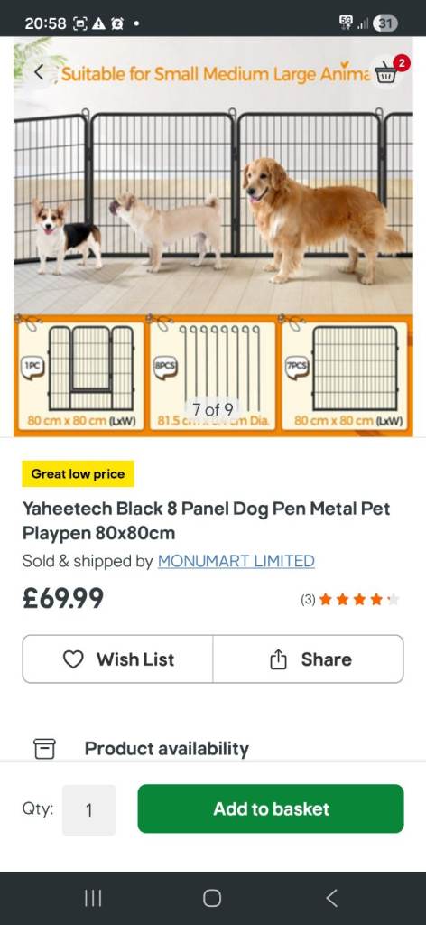 Dog Playpen / Cage Large 80cm x 80cm