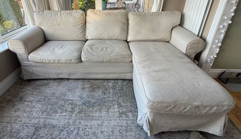 IKEA EKTORP 3-Seater Sofa with Chaise Longue – Beige, Good Condition