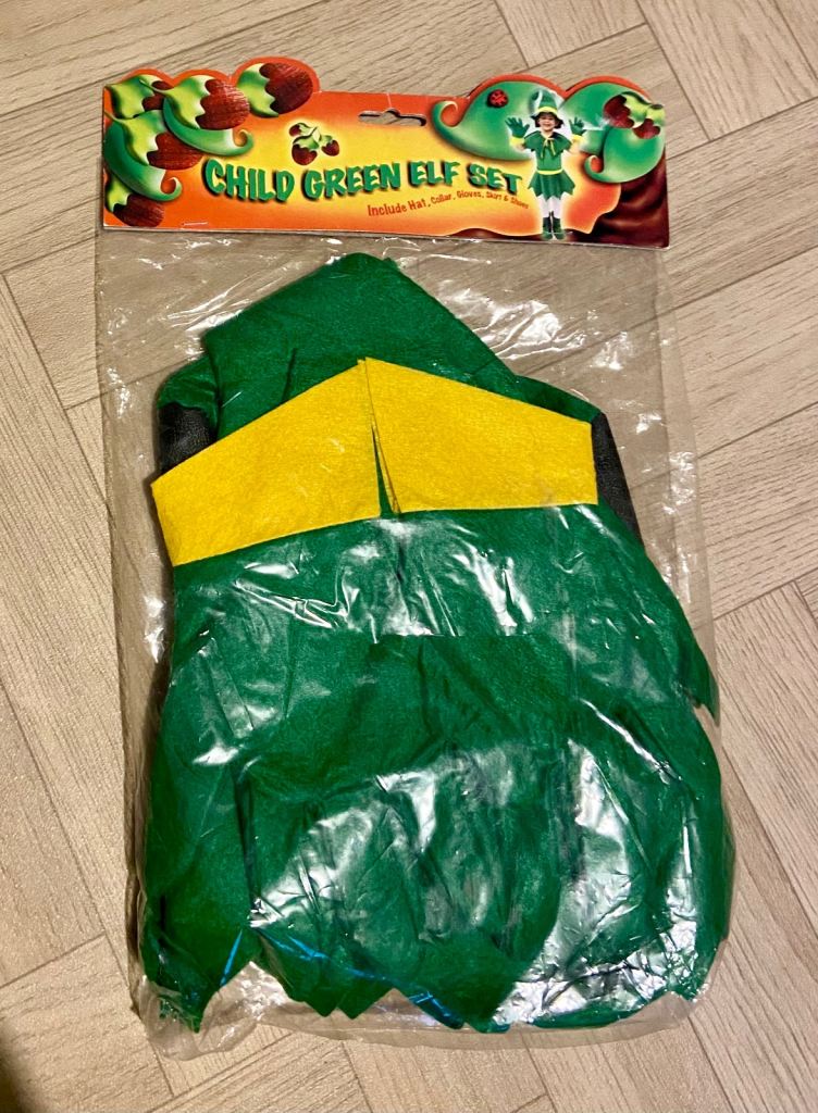 Child’s Elf 7 Piece Fancy Dress Costume. Hat/Collar/Gloves/Skirt/Shoes. New.