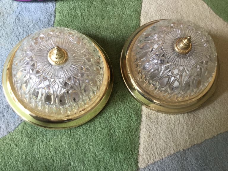 2 x glass Ceiling lights gold coloured trim