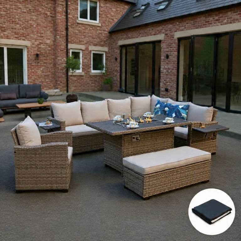 Outdoor Rattan PE Patio Sofa Set With Firepit table Furniture Set Limited Stock Only