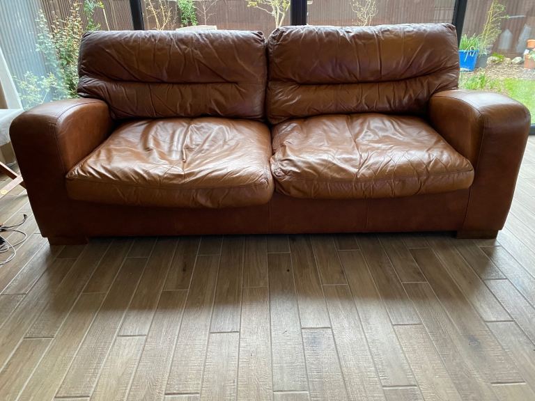 Tetrad Tan Leather sofas chair and foot stool