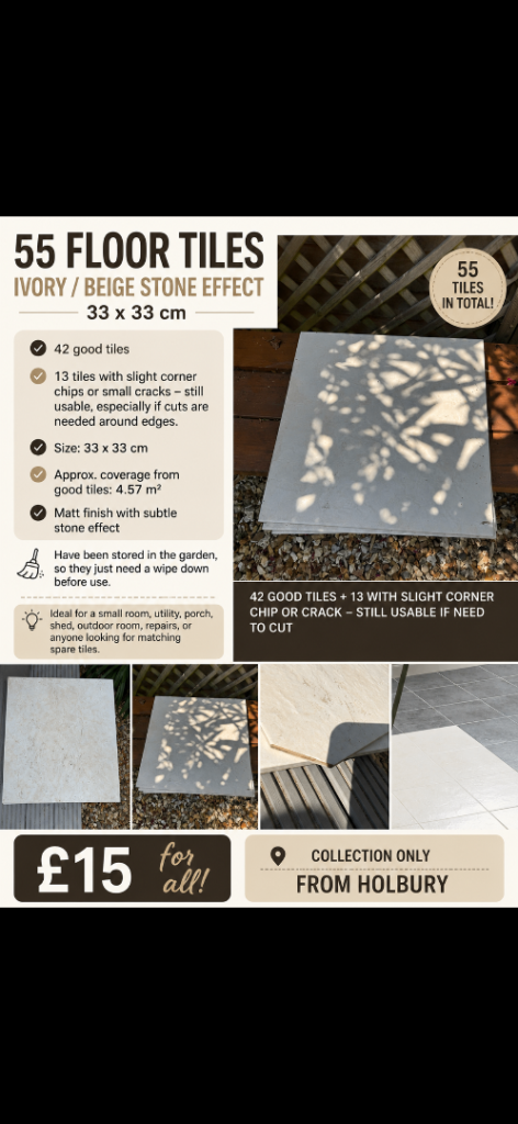 55 Ivory/Beige Stone Effect Floor Tiles (33x33 cm)