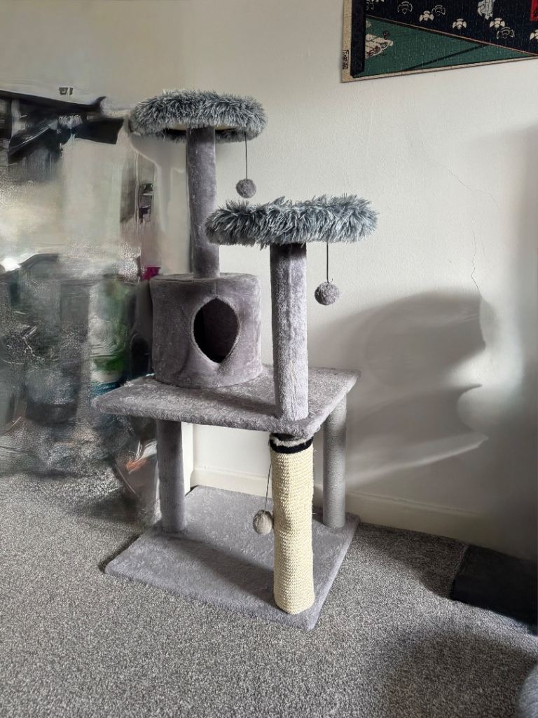 Grey Cat Tree with Scratching Post and Play Balls