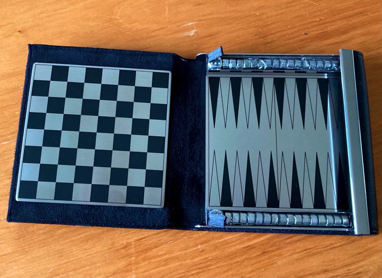 NEW, GREAT GIFT: White Company Leather Travel Checkers Backgammon & Chess Set. Magnetic - Brown