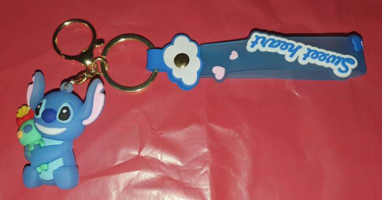 LILO & STITCH 3D Kids Blue Gold Sweet Heart Keyring Strap Wristlet Bag Charm NEW