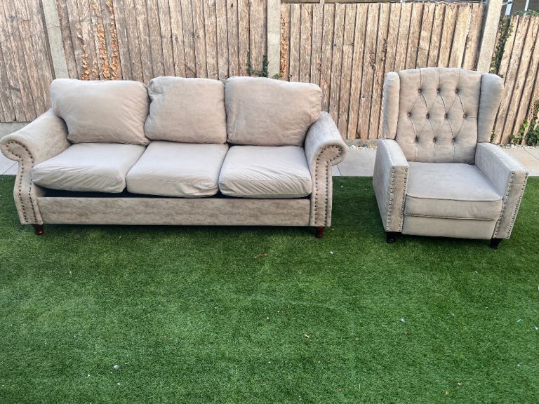 Three-Seater Faux-Suede Sofa & Recliner Armchair