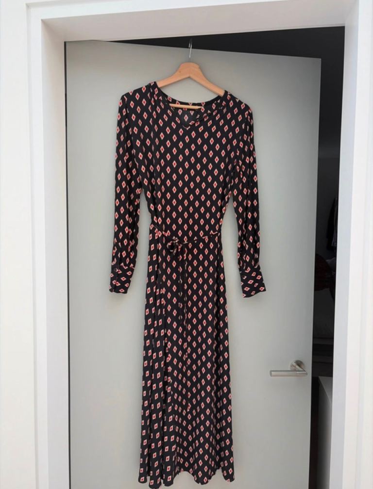 M&S Collection Black Patterned Midi Dress with Belt – Good Condition