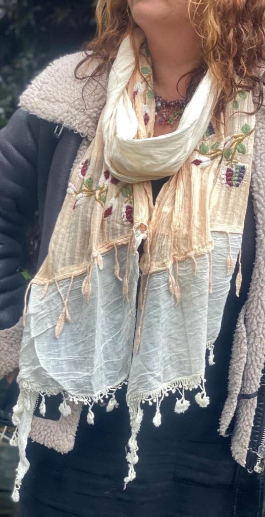 Scarf Wrap Tassel Lettuce Embroidered Boho Hippie Peach Coral Cream & Ivory Lace