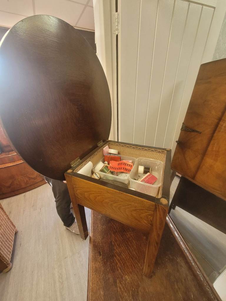 Antique hobby table with storage and flip lid